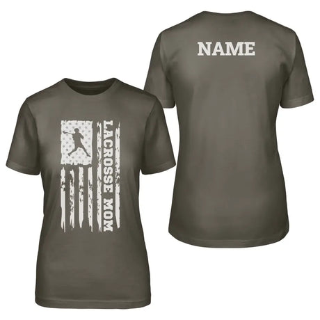 lacrosse mom vertical flag with lacrosse player name on a unisex t-shirt with a white graphic