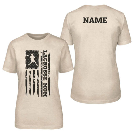 lacrosse mom vertical flag with lacrosse player name on a unisex t-shirt with a black graphic