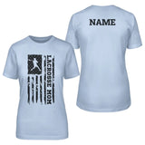 lacrosse mom vertical flag with lacrosse player name on a unisex t-shirt with a black graphic