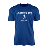 lacrosse dad with lacrosse player icon and lacrosse player name on a mens t-shirt with a white graphic