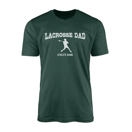 lacrosse dad with lacrosse player icon and lacrosse player name on a mens t-shirt with a white graphic