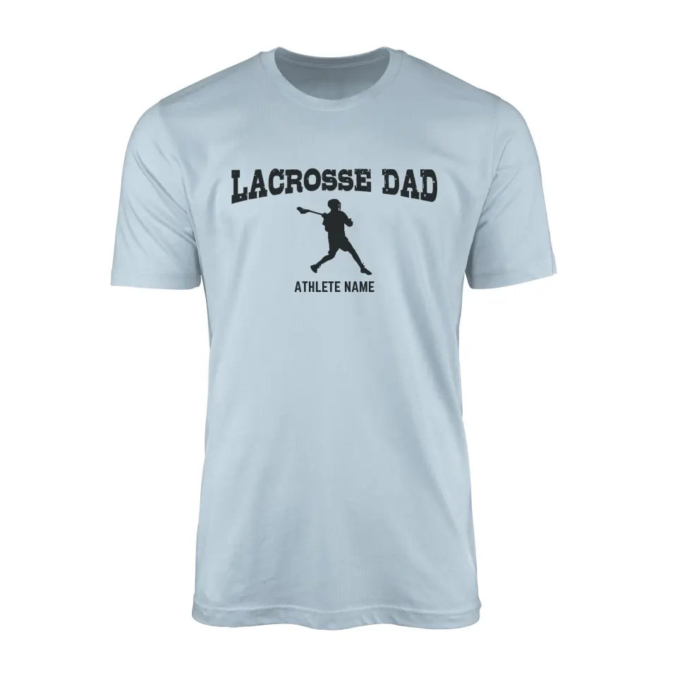 lacrosse dad with lacrosse player icon and lacrosse player name on a mens t-shirt with a black graphic