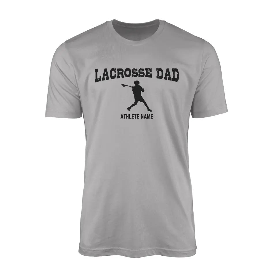 lacrosse dad with lacrosse player icon and lacrosse player name on a mens t-shirt with a black graphic