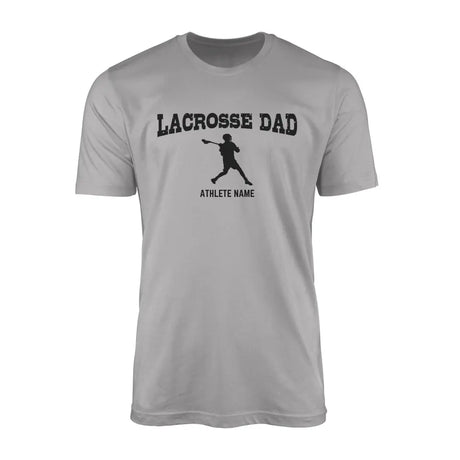 lacrosse dad with lacrosse player icon and lacrosse player name on a mens t-shirt with a black graphic
