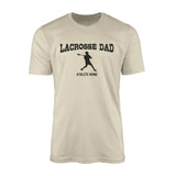 lacrosse dad with lacrosse player icon and lacrosse player name on a mens t-shirt with a black graphic