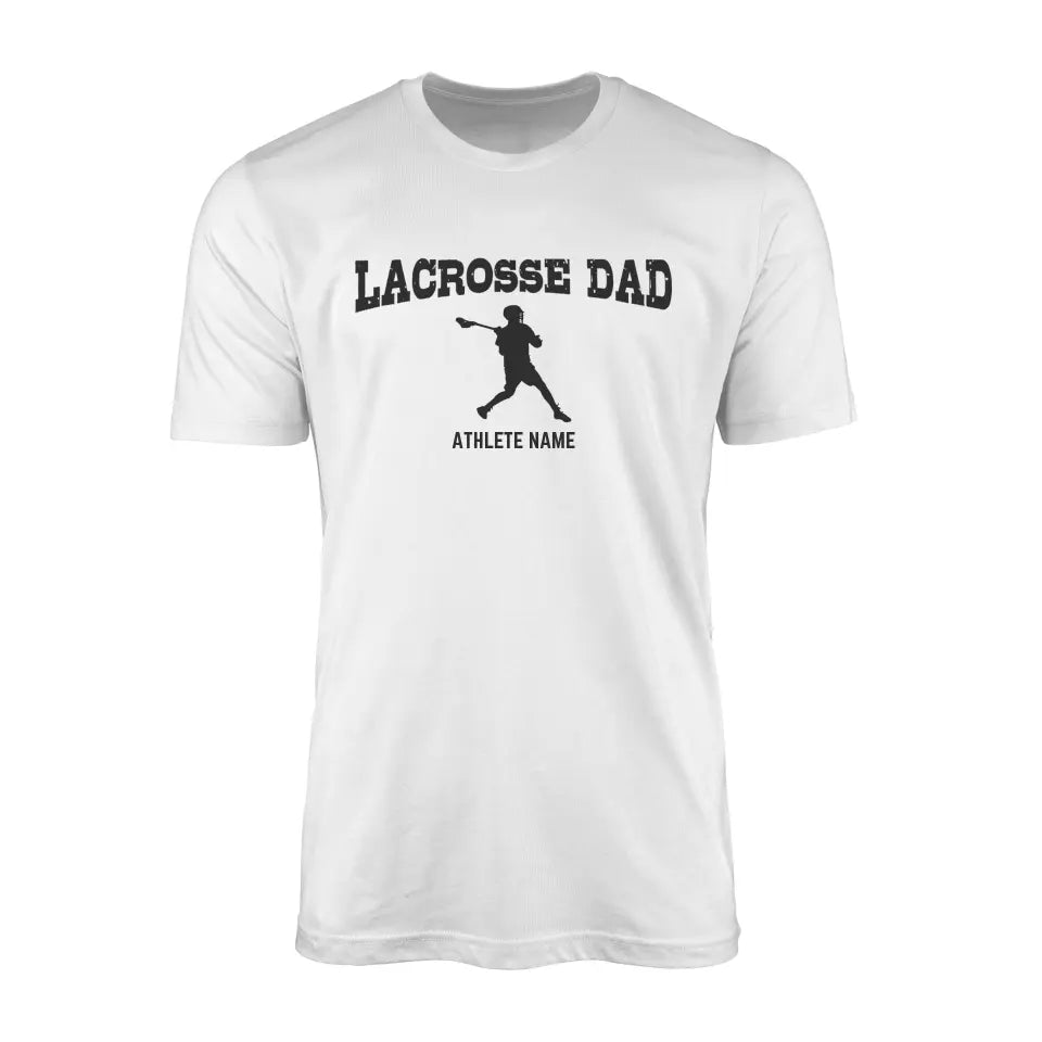 lacrosse dad with lacrosse player icon and lacrosse player name on a mens t-shirt with a black graphic