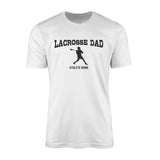 lacrosse dad with lacrosse player icon and lacrosse player name on a mens t-shirt with a black graphic