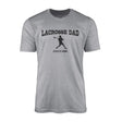 lacrosse dad with lacrosse player icon and lacrosse player name on a mens t-shirt with a black graphic