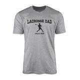 lacrosse dad with lacrosse player icon and lacrosse player name on a mens t-shirt with a black graphic