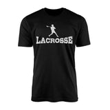 basic lacrosse with lacrosse player icon on a mens t-shirt with a white graphic