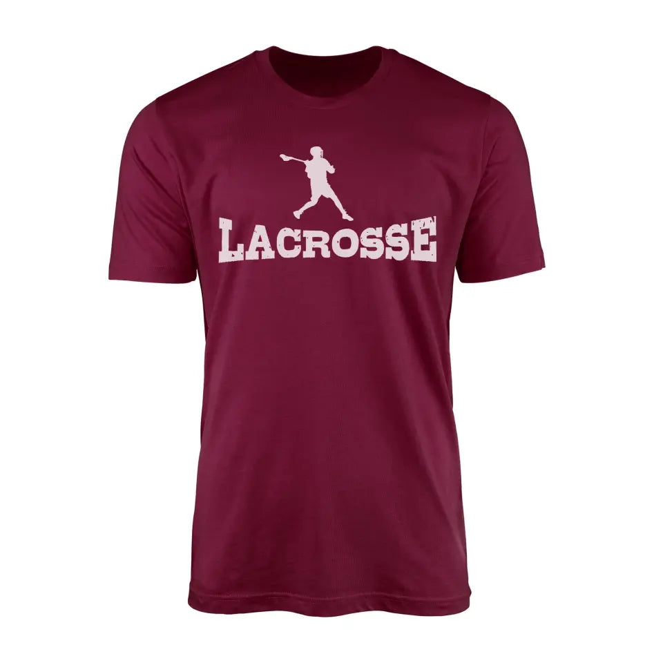 basic lacrosse with lacrosse player icon on a mens t-shirt with a white graphic