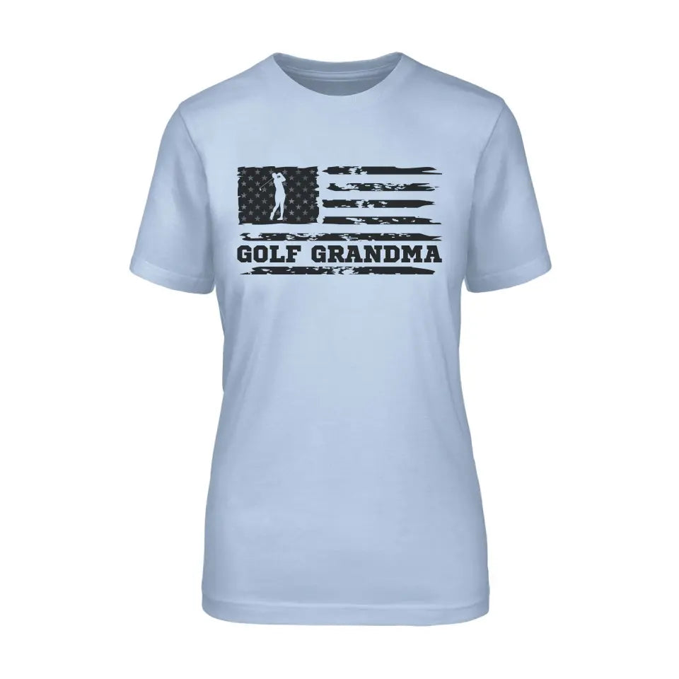 golf grandma horizontal flag on a unisex t-shirt with a black graphic