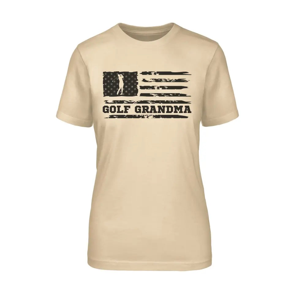 golf grandma horizontal flag on a unisex t-shirt with a black graphic