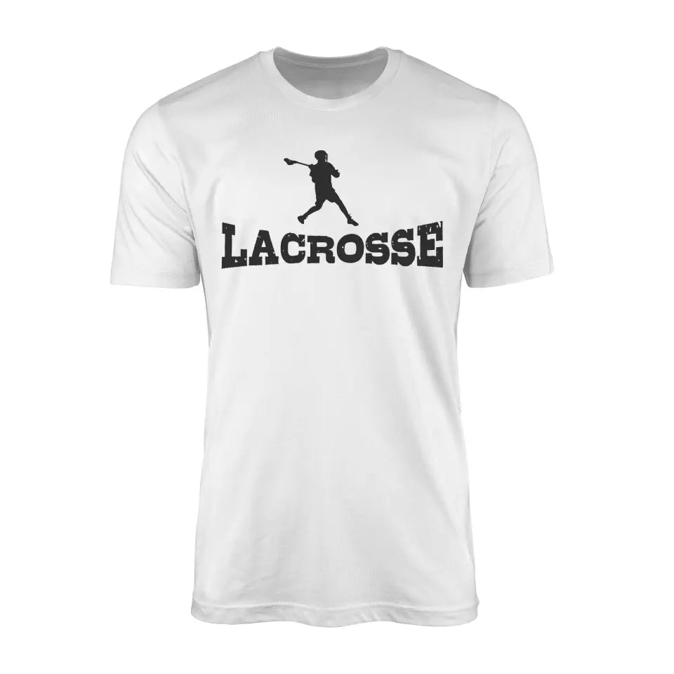 basic lacrosse with lacrosse player icon on a mens t-shirt with a black graphic