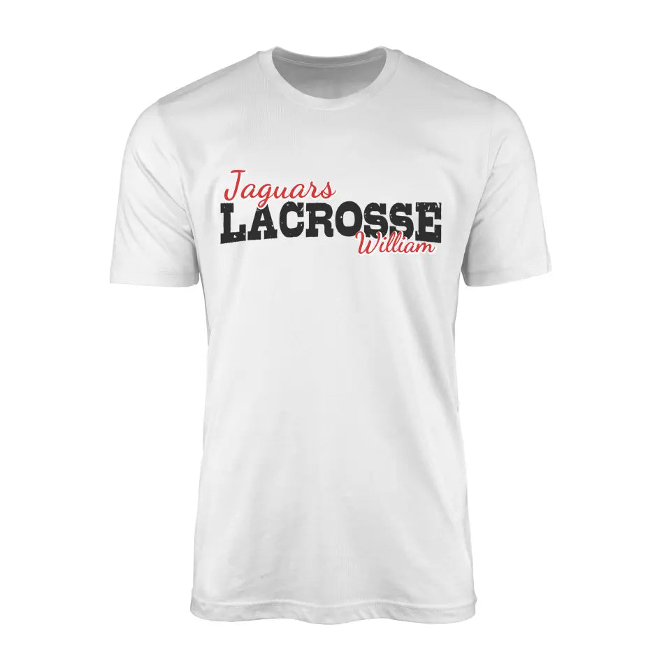 custom lacrosse mascot and lacrosse player name on a mens t-shirt with a black graphic