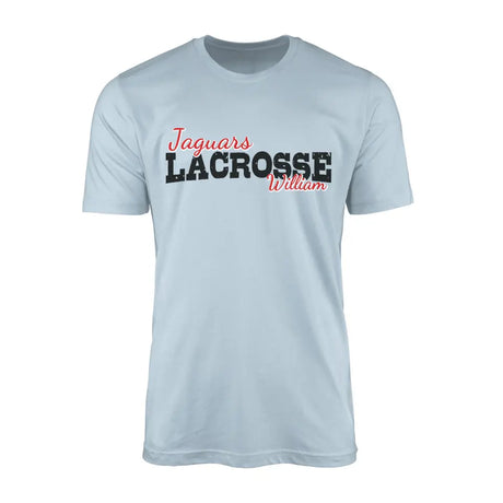 custom lacrosse mascot and lacrosse player name on a mens t-shirt with a black graphic