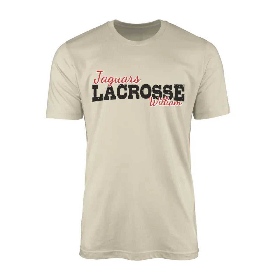 custom lacrosse mascot and lacrosse player name on a mens t-shirt with a black graphic