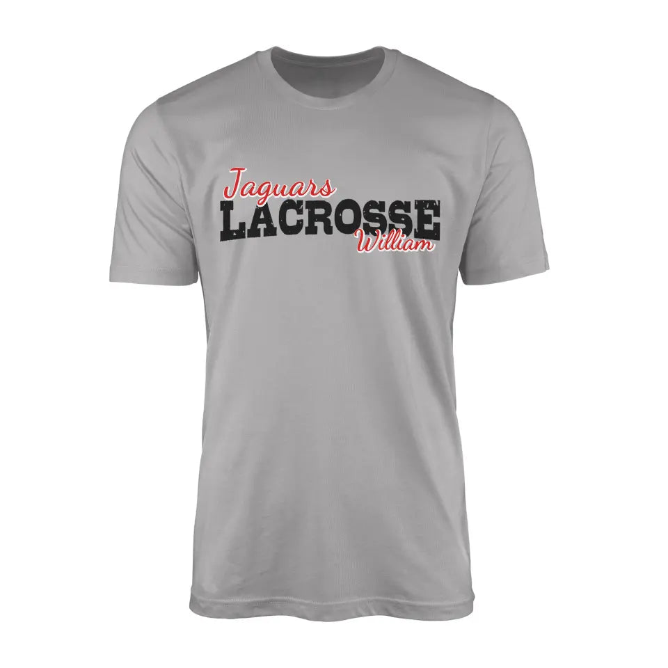 custom lacrosse mascot and lacrosse player name on a mens t-shirt with a black graphic