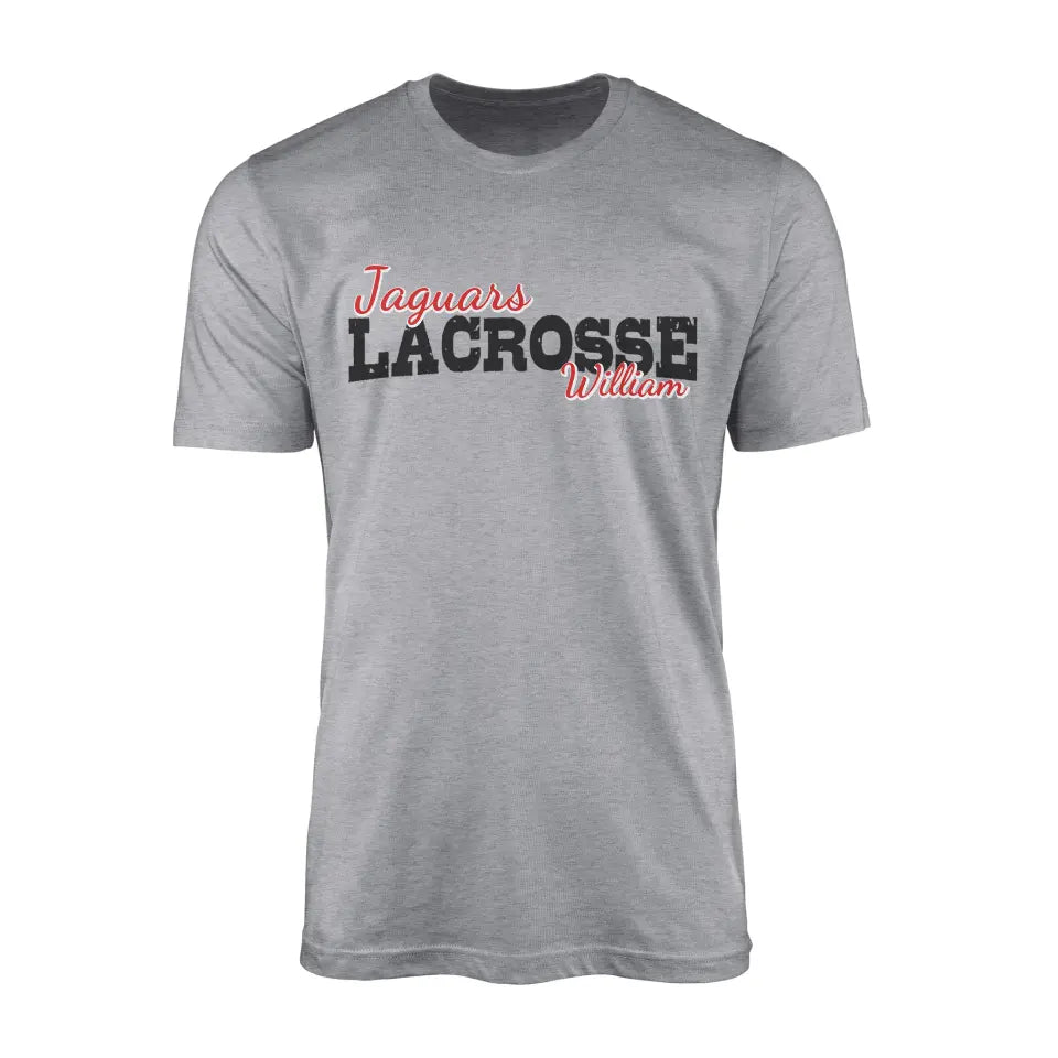 custom lacrosse mascot and lacrosse player name on a mens t-shirt with a black graphic