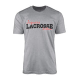 custom lacrosse mascot and lacrosse player name on a mens t-shirt with a black graphic