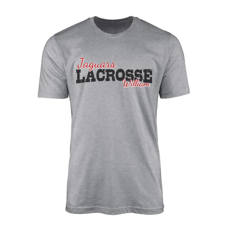 custom lacrosse mascot and lacrosse player name on a mens t-shirt with a black graphic