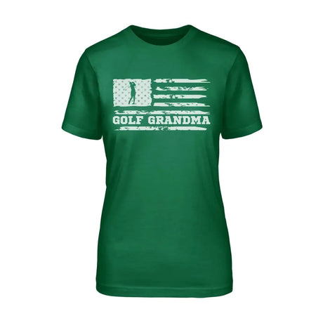 golf grandma horizontal flag on a unisex t-shirt with a white graphic