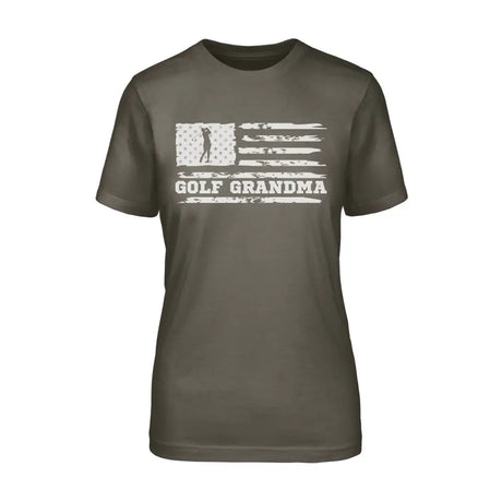golf grandma horizontal flag on a unisex t-shirt with a white graphic