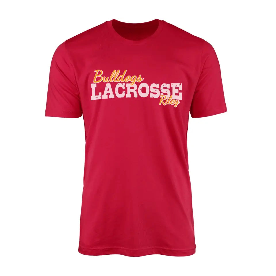 custom lacrosse mascot and lacrosse player name on a mens t-shirt with a white graphic