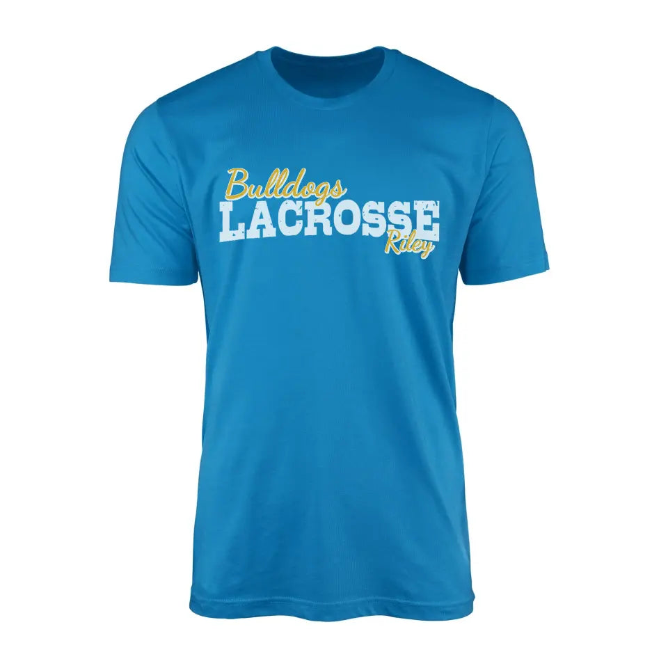 custom lacrosse mascot and lacrosse player name on a mens t-shirt with a white graphic