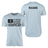 lacrosse dad horizontal flag with lacrosse player name on a mens t-shirt with a black graphic
