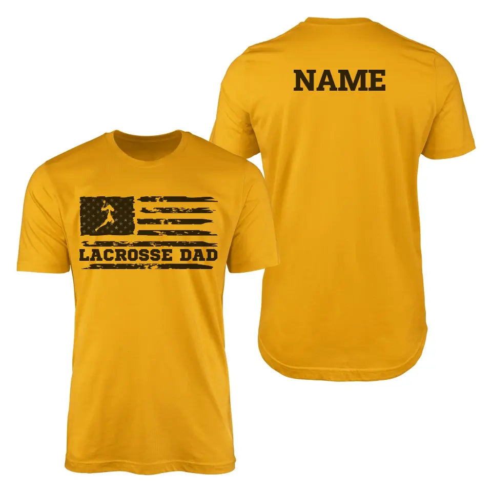 lacrosse dad horizontal flag with lacrosse player name on a mens t-shirt with a black graphic