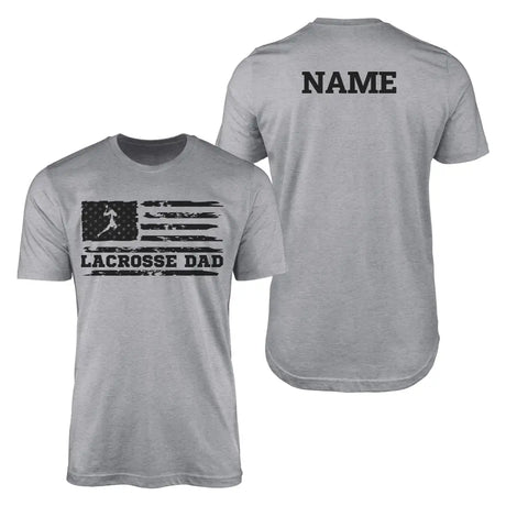 lacrosse dad horizontal flag with lacrosse player name on a mens t-shirt with a black graphic