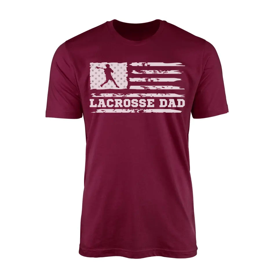 lacrosse dad horizontal flag on a mens t-shirt with a white graphic