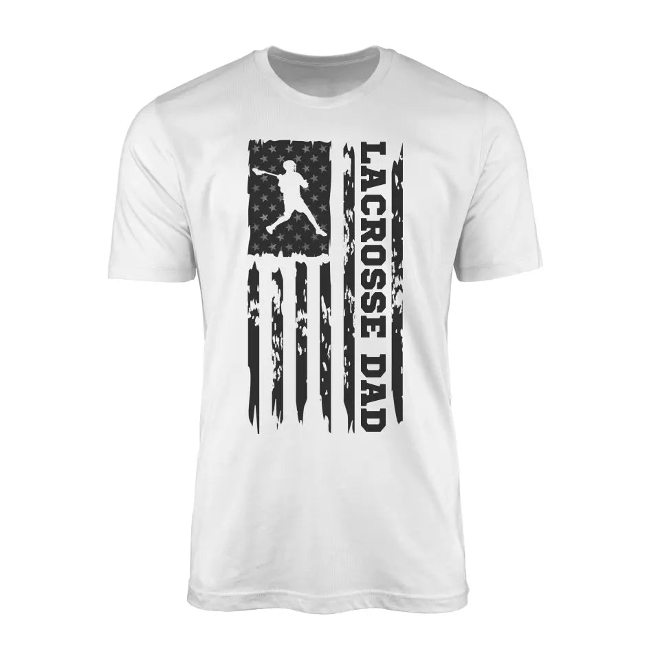 lacrosse dad vertical flag on a mens t-shirt with a black graphic