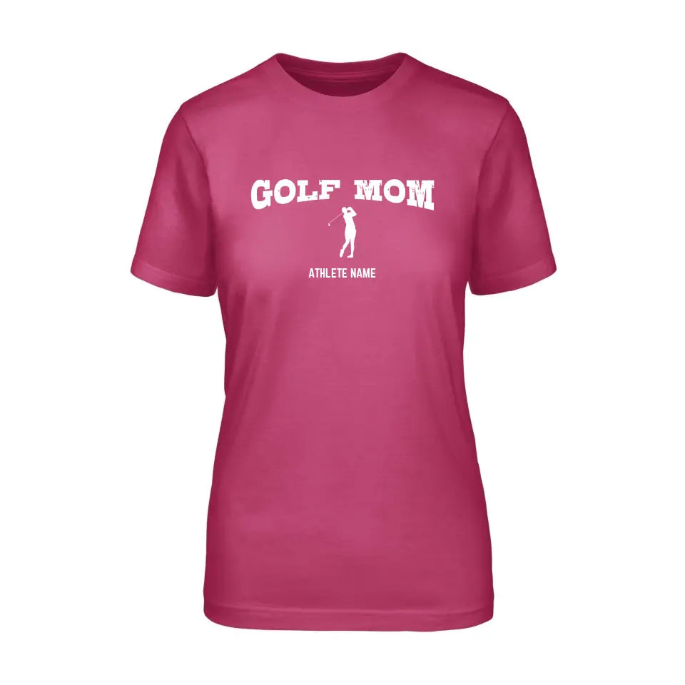 golf mom with golfer icon and golfer name on a unisex t-shirt with a white graphic