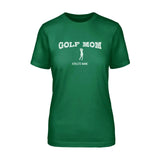 golf mom with golfer icon and golfer name on a unisex t-shirt with a white graphic