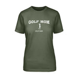 golf mom with golfer icon and golfer name on a unisex t-shirt with a white graphic