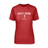 golf mom with golfer icon and golfer name on a unisex t-shirt with a white graphic