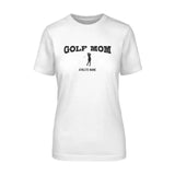 golf mom with golfer icon and golfer name on a unisex t-shirt with a black graphic