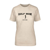 golf mom with golfer icon and golfer name on a unisex t-shirt with a black graphic