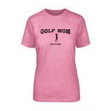 golf mom with golfer icon and golfer name on a unisex t-shirt with a black graphic