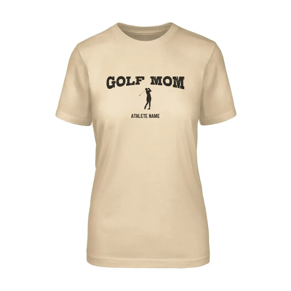 golf mom with golfer icon and golfer name on a unisex t-shirt with a black graphic