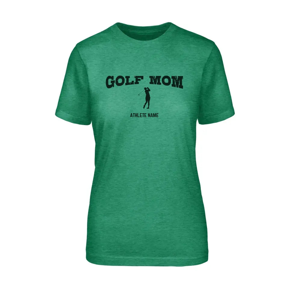 golf mom with golfer icon and golfer name on a unisex t-shirt with a black graphic