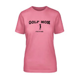 golf mom with golfer icon and golfer name on a unisex t-shirt with a black graphic