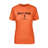 golf mom with golfer icon and golfer name on a unisex t-shirt with a black graphic