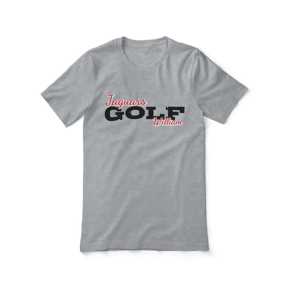 custom golf mascot and golfer name on a unisex t-shirt with a black graphic