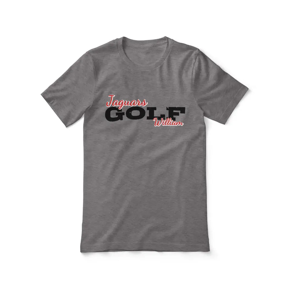 custom golf mascot and golfer name on a unisex t-shirt with a black graphic