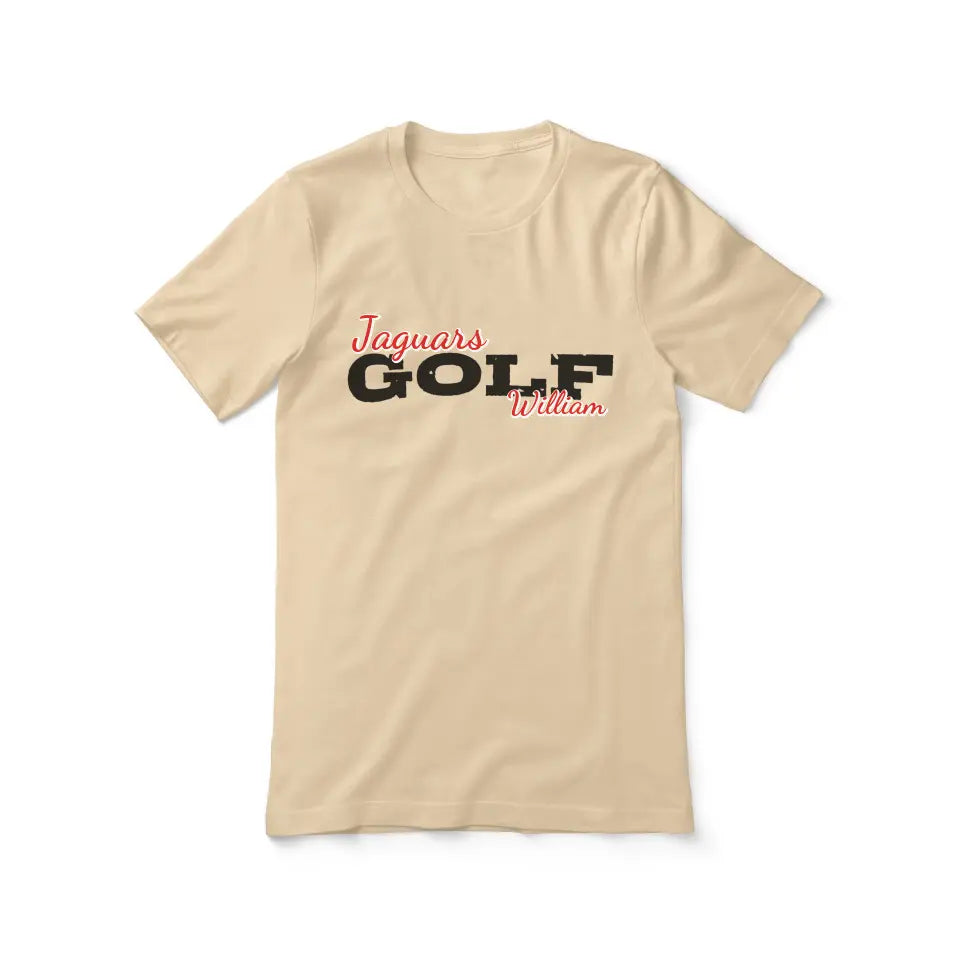 custom golf mascot and golfer name on a unisex t-shirt with a black graphic