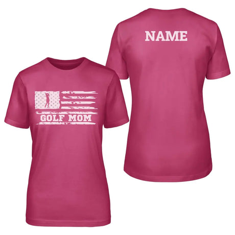 golf mom horizontal flag with golfer name on a unisex t-shirt with a white graphic