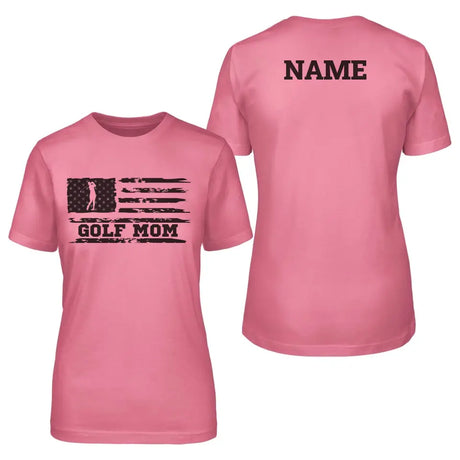 golf mom horizontal flag with golfer name on a unisex t-shirt with a black graphic